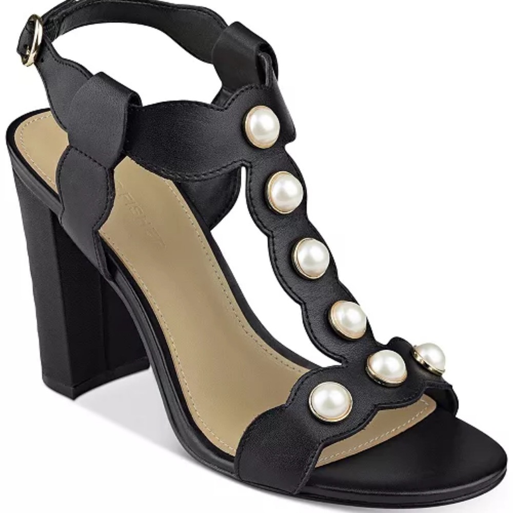 Marc Fisher Black Leather Heels w Pearls